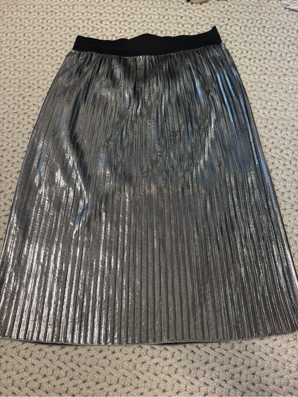 Promesa Metallic Silver Pleated Midi Skirt with Black Waistband
